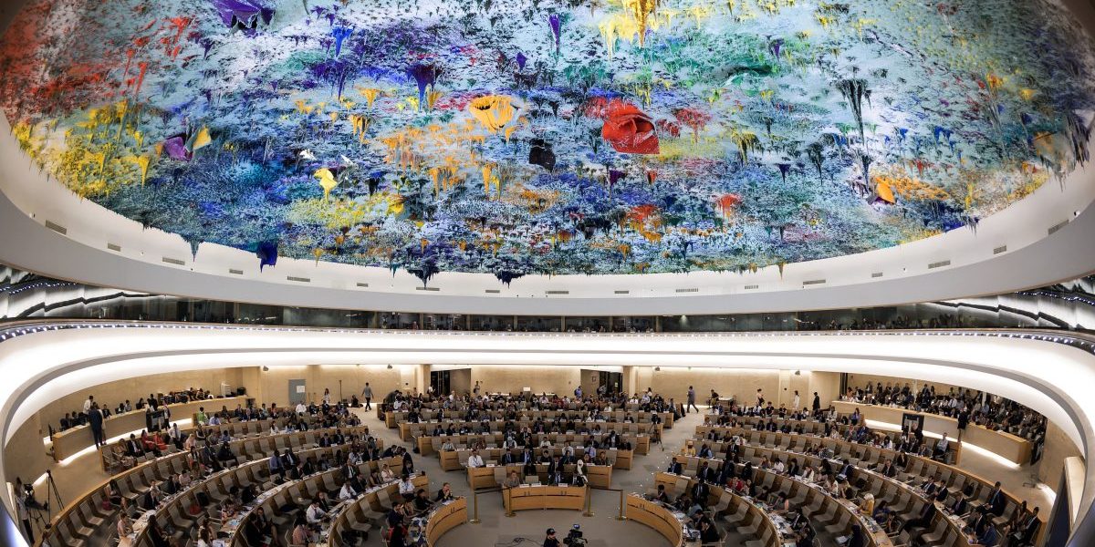 A general view of the United Nations Human Rights Council room during a debate on the report of (UN) special rapporteur on extrajudicial. Image: Getty, Fabrice Coffrini/AFP