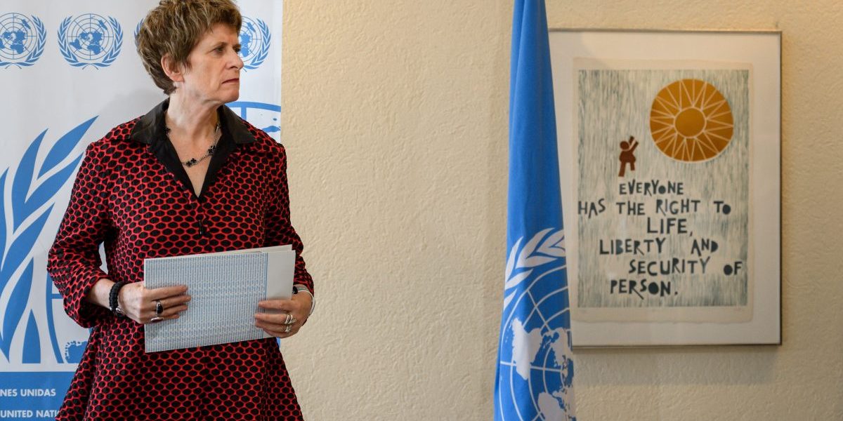 UN Deputy High Commissioner for Human Rights, Kate Gilmore, stands during a statment during the UN Human Rights Council session on March 13, 2018 in Geneva. Image: Getty, Fabrice Coffrini/AFP