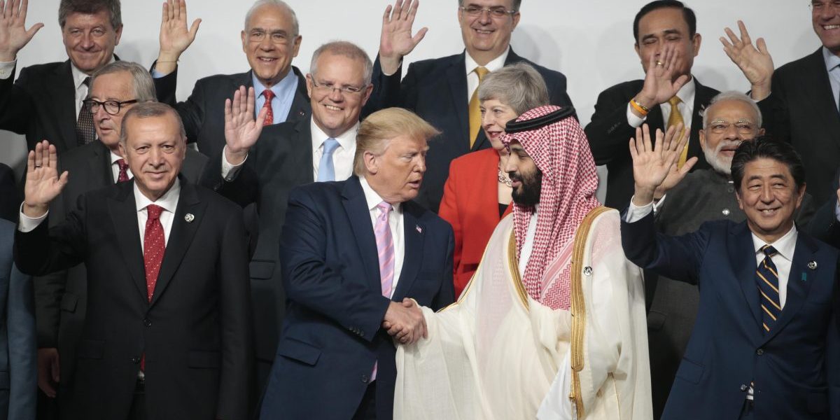 Family photo on the first day of the G20 summit in Osaka, Japan on June 28, 2019. Image: Getty,
Anadolu Agency