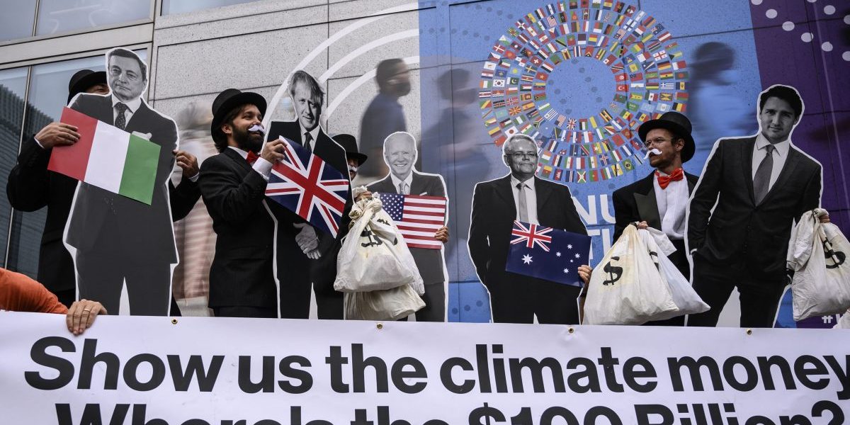 G20 protest_GettyImages-1235863667_Pedro Ugarte Activists hold cutouts of the leaders of Italy, United Kingdom, US, Australia and Canada during a demonstration to ask rich nations to keep their commitment to support developing countries to tackle climate change. Image: Getty, Pedro Ugarte