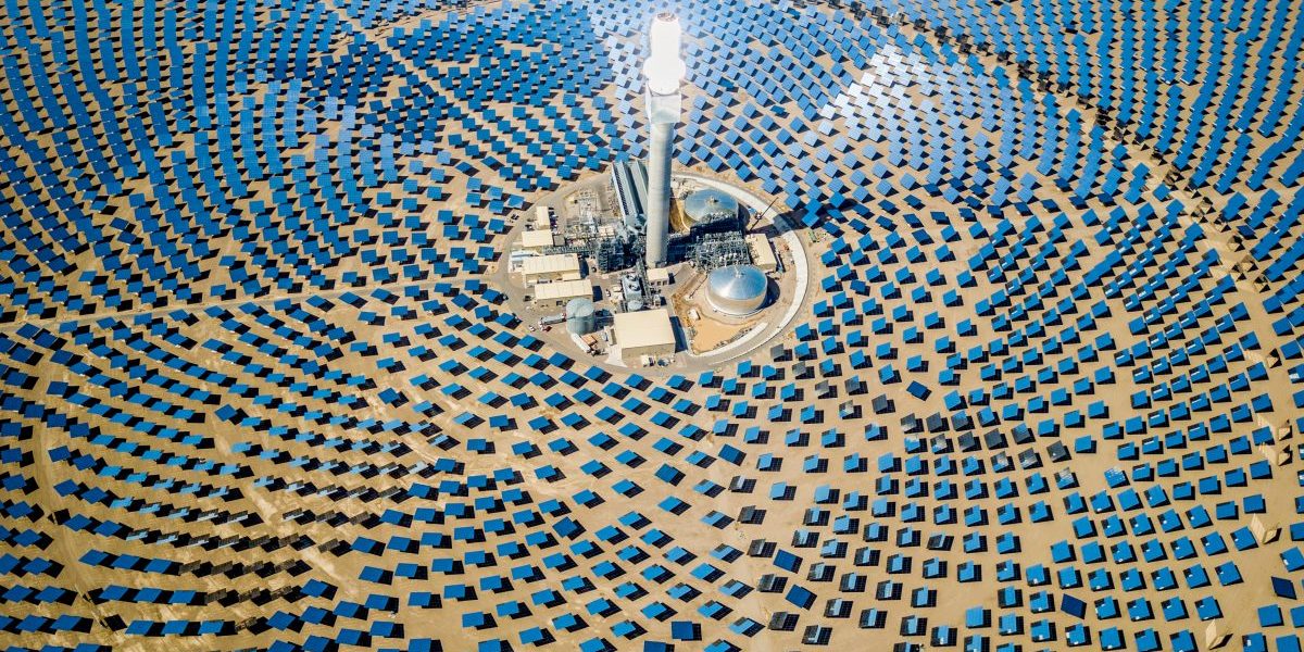 Drone aerial view of solar thermal power plant station in the desert in Nevada,
USA. Image: Getty, Mlenny