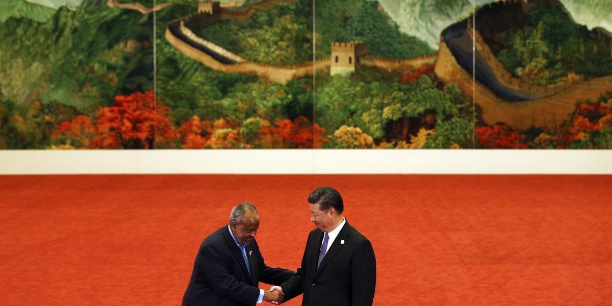 Djibouti's President Ismail Omar Guelleh, left, shakes hands with Chinese President Xi Jinping during the Forum on China-Africa Cooperation held at the Great Hall of the People on 3 September, 2018 in Beijing, China. Image: Getty, Andy Wong