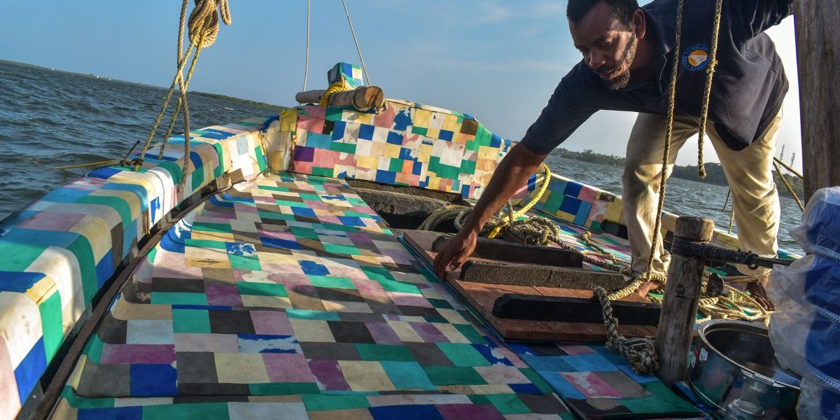 The Flipflopi Dhow sets off on its maiden voyage on 23 January this year from Kenya to Zanzibar, visiting schools, communities and government officials, sharing solutions and changing mindsets along the way. Image: Getty, ANDREW KASUKU/AFP