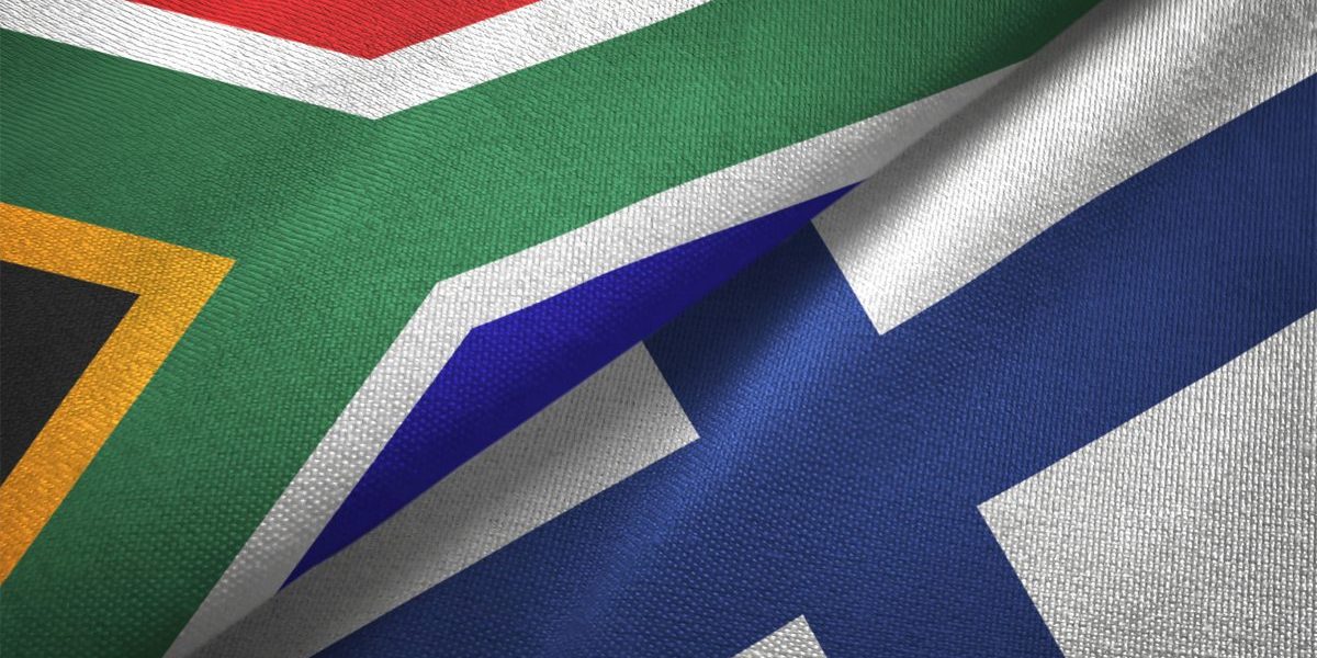 GettyImages-1093323114 Finland and South Africa flag together realtions textile cloth fabric texture