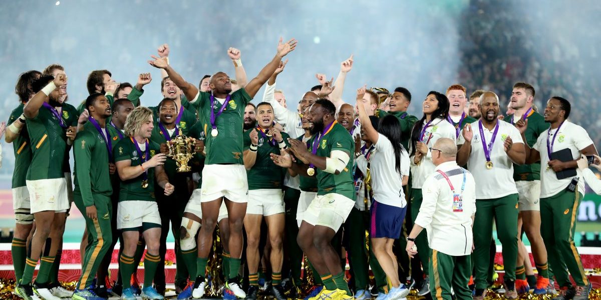 South Africa celebrate after their victory during the Rugby World Cup 2019 final between England and South Africa at International Stadium Yokohama on November 02, 2019. Image: Getty, David Rogers