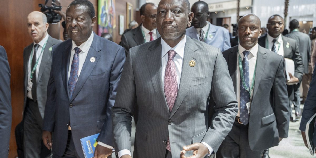 President of Kenya William Ruto (C) exits a closed session meeting ahead of the 38th African Union (AU) Summit, where leaders will elect a new head of the AU Commission, at the AU Headquarters in Addis Ababa on February 14, 2025. (Image: AFP via Getty, Amanuel Sileshi)