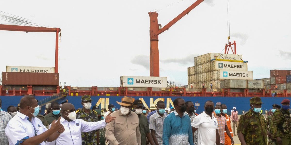 Kenya’s President Uhuru Kenyatta (3rd L) arrives for the inauguration of the first berth at the new Lamu Port, in Lamu, Kenya, on May 20, 2021. Image: Getty, Dihoff Mukoto/AFP