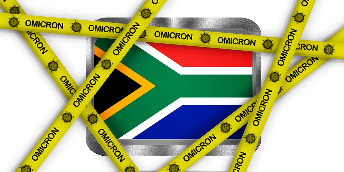 Illustration with a metal South Africa flag on white background and yellow ribbons with Omicron virus.