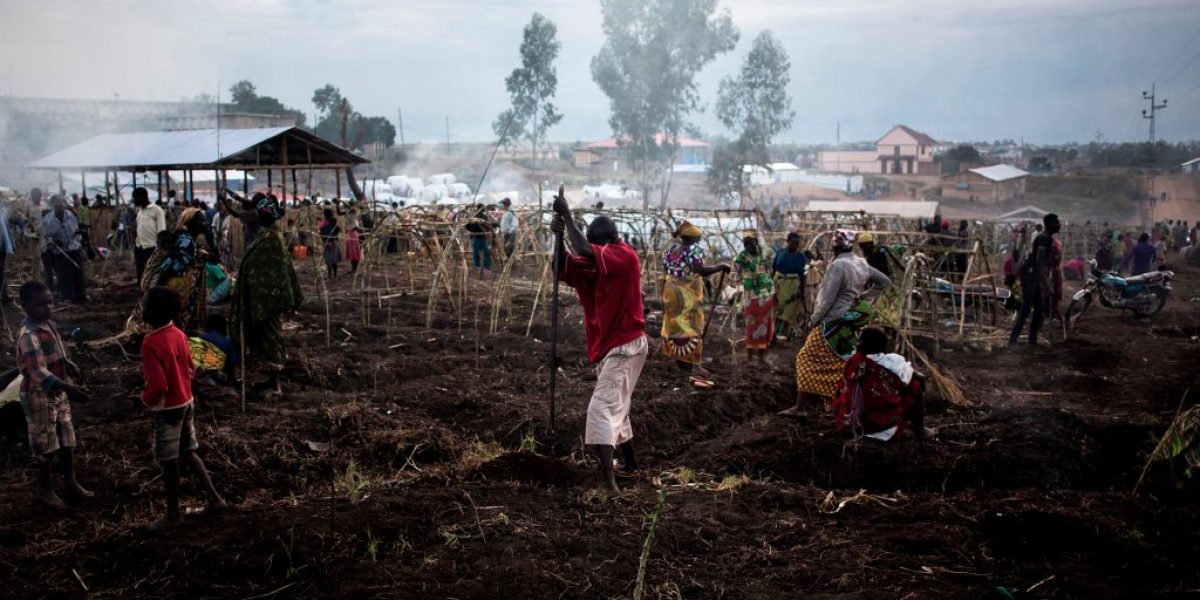 Internally displaced Congolese construct make shift shelters in a camp in Bunia. Image: Getty, John Wessels/AFP