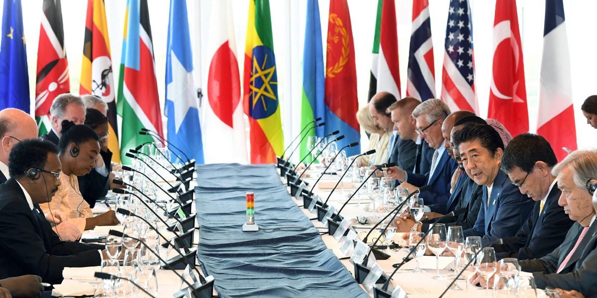 UN Secretary General Antonio Guterres (far R), Japan’s Foreign Minister Taro Kono (2nd R) and Japanese Prime Minister Shinzo Abe (3RD R) attend a special conference on peace and stability in the horn of Africa during the Tokyo International Conference on African Development (TICAD) in Yokohama, 29 August 2019. Image: Getty, JIJI PRESS/AFP