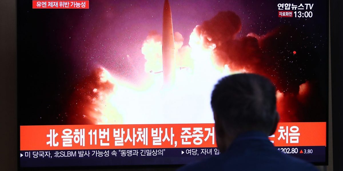 Seoul, South Korea: People watch TV showing a North Korean missile launch at the Seoul Railway Station on October 2019. Image: Getty, Chung Sung-Jun