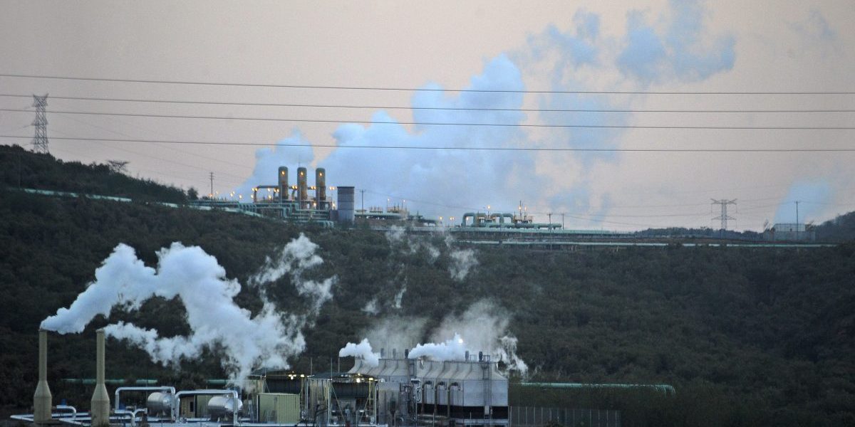 Part of the Olkaria geothermal power generation complex seen from a vantage point on the floor of the Kenyan Rift Valley, near the shores of Lake Naivasha. Image: Getty, Tony Karumba/AFP