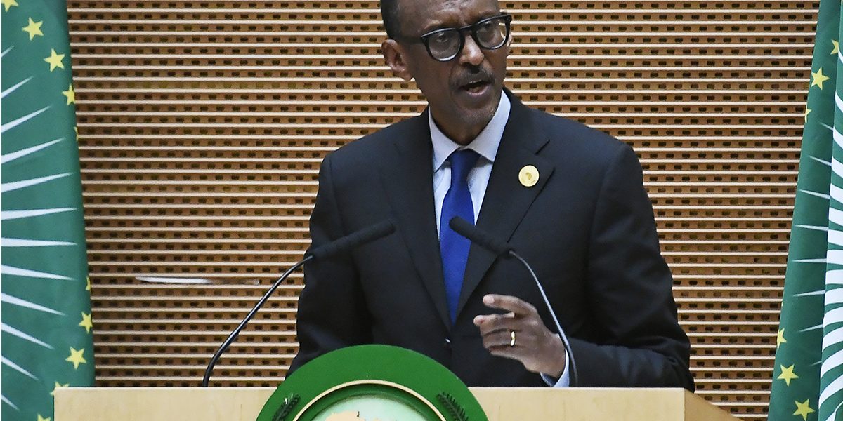 ETHIOPIA-AU-SUMMIT-POLITICS-DIPLOMACY Then AU Chair and President of Rwanda Paul Kagame delivers a speech during the 11th Extraordinary Session of the Assembly of the AU in Addis Ababa, Ethiopia, 17 November 2018. Image: Getty, Monirul Bhuiyan/AFP