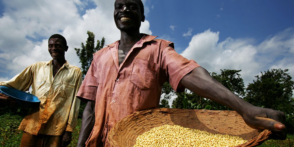 Two soy farmers stand with their product on their small plot of land in the Sauri Millenium village locale, September 11, 2007 in Kisumu, Kenya. Image: Getty, Brent Stirton
